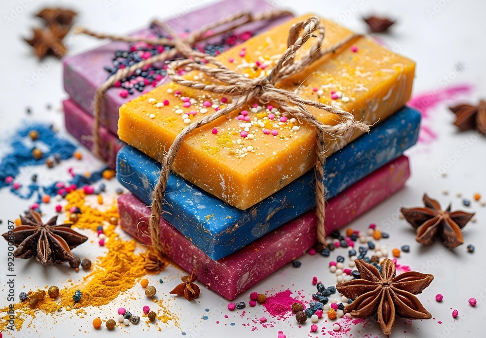 a stack of colorful bars tied with string. a stack of colorful bars tied with string.