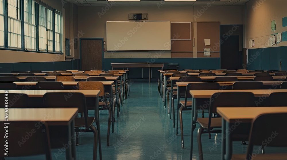 An empty high school classroom, with a focus on the neatly arranged desks and the calm, awaiting the return of students. An empty high school classroom, with a focus on the neatly arranged desks and the calm, awaiting the return of students.