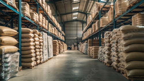 An industrial warehouse filled with rows of rice sacks, with the structure and organization highlighting large-scale supply chain operations