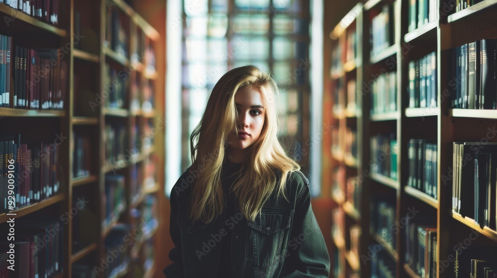 Young woman standing between library bookshelves, bathed in soft, diffused light, reflecting a moment of introspection. Young woman standing between library bookshelves, bathed in soft, diffused light, reflecting a moment of introspection.