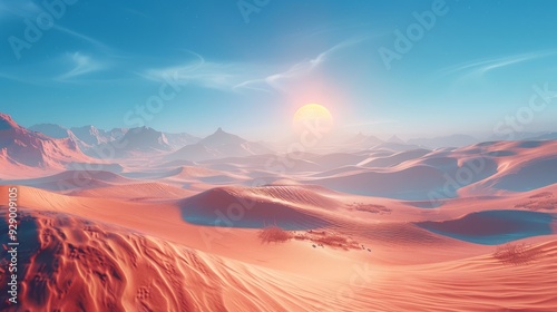 Vast desert landscape at sunset with rolling sand dunes and distant mountain silhouettes