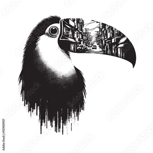 silhouette of Toucan filled with ghetto street in rough drawing
