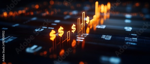 Abstract representation of financial growth with illuminated dollar signs and fluctuating graphs on a dark background. photo