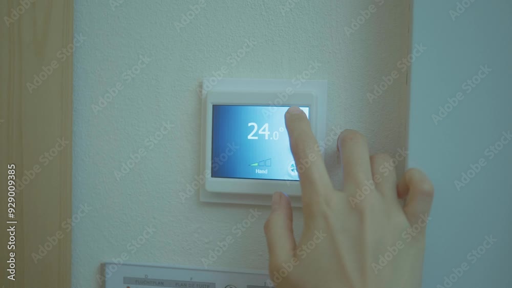 A person is adjusting the temperature on a thermostat. Concept of control and comfort, as the person is able to adjust the temperature to their liking A person is adjusting the temperature on a thermostat. Concept of control and comfort, as the person is able to adjust the temperature to their liking