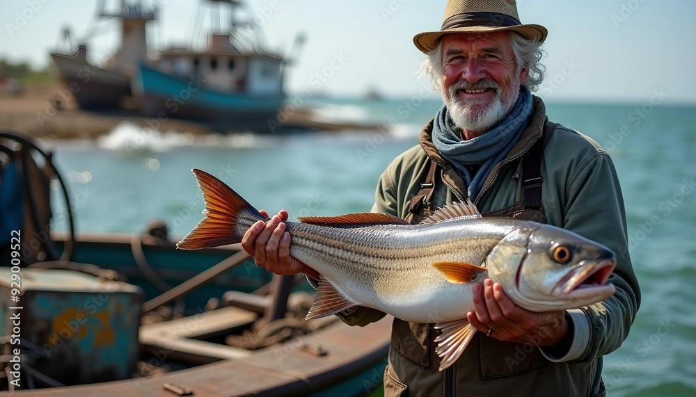A seasoned fisherman proudly displays the day’s catch on his rustic boat A seasoned fisherman proudly displays the day’s catch on his rustic boat
