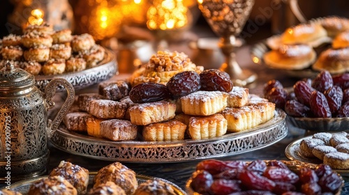 Close-up of a variety of Eid sweets, including pastries and dates, artfully arranged on a table adorned with festive decorations. photo