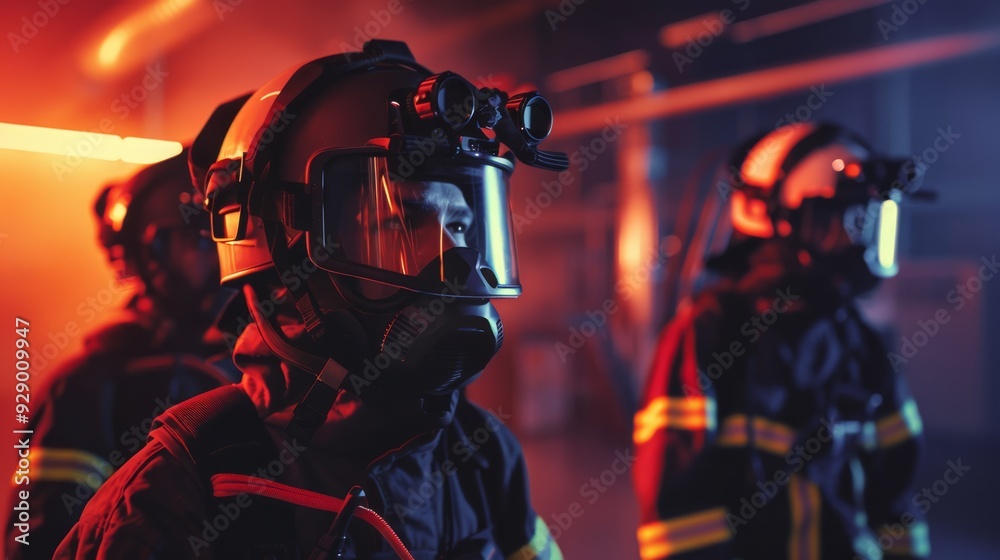 Firefighters in black and yellow gear stand vigilant in a low-light environment, with heads up and focused on their mission ahead. Firefighters in black and yellow gear stand vigilant in a low-light environment, with heads up and focused on their mission ahead.