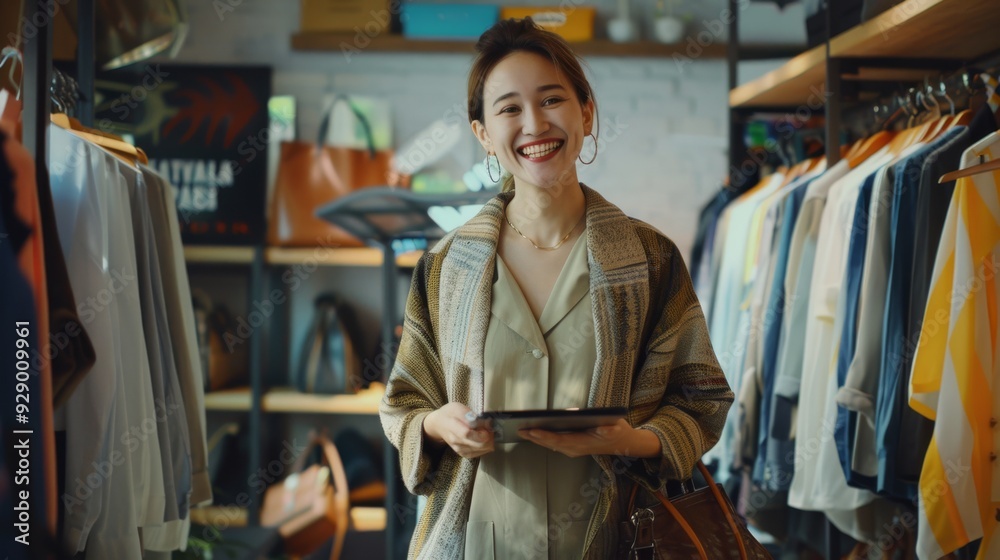 Fototapeta premium A cheerful woman stands in a clothing store, holding a tablet, surrounded by stylish clothes and accessories, showcasing her warm smile and friendly demeanor.