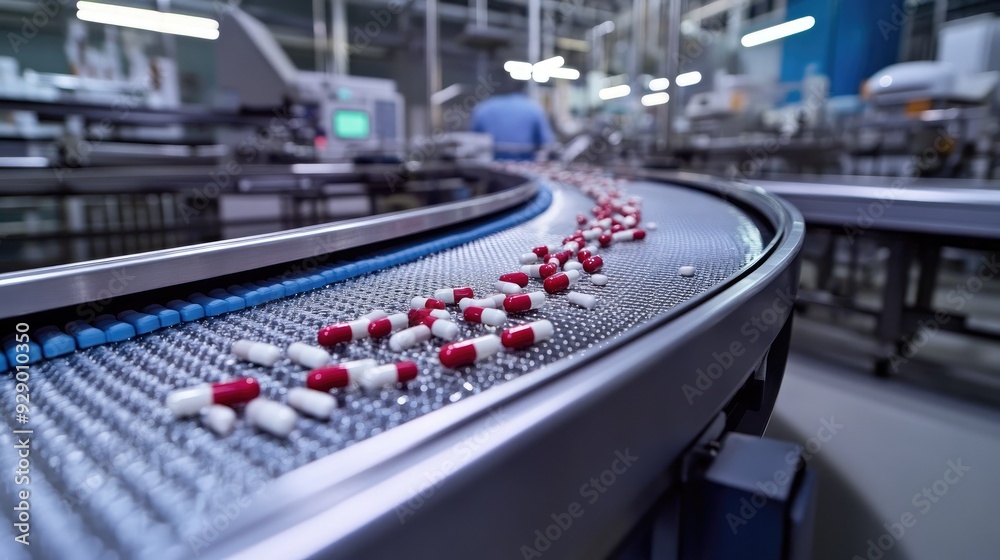 Conveyor belts in a pharmaceutical plant, transporting neatly packaged medications, with a focus on efficiency and precision. Conveyor belts in a pharmaceutical plant, transporting neatly packaged medications, with a focus on efficiency and precision.