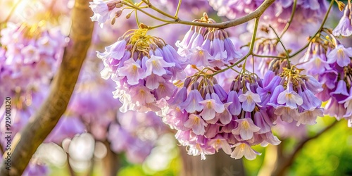 Close-up of light purple bell-shaped paulownia tree flowers in a courtyard , paulownia, tree, flowers, purple, bell-shaped photo