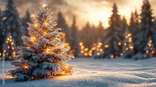 Snow falling on illuminated christmas tree at sunset