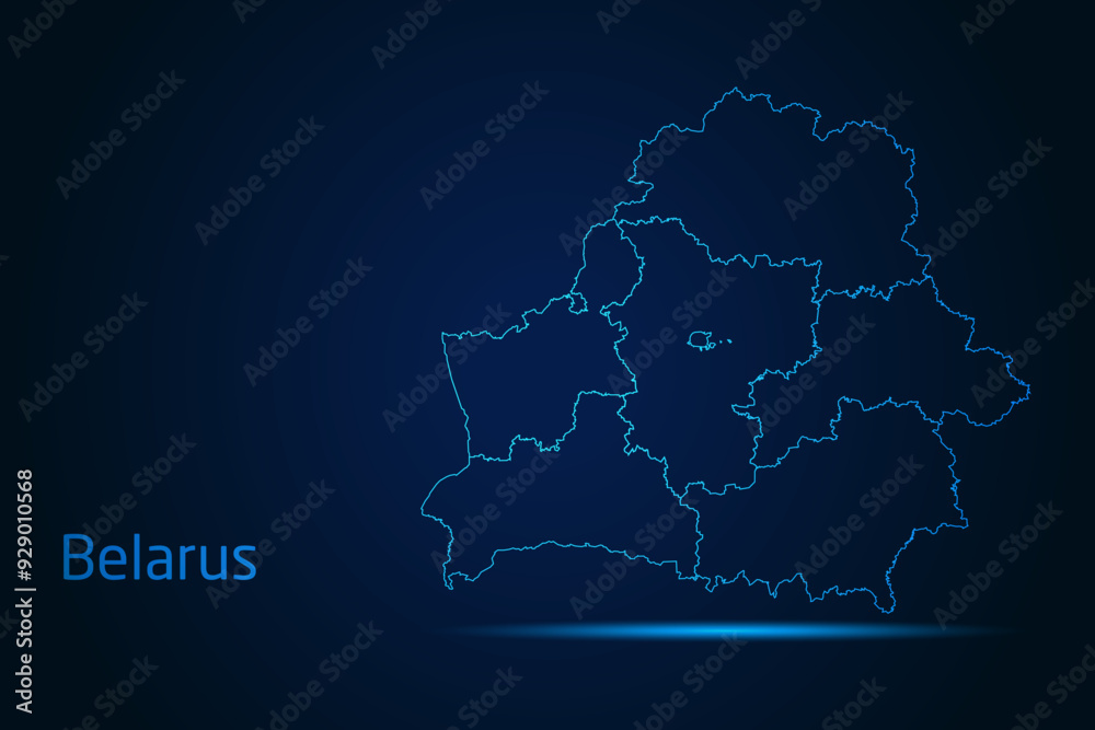 Abstract High Detailed Glow Blue Map on Dark Background of Map of Belarus symbol for your web site design map logo, app, Travel. Vector illustration eps 10. Abstract High Detailed Glow Blue Map on Dark Background of Map of Belarus symbol for your web site design map logo, app, Travel. Vector illustration eps 10.