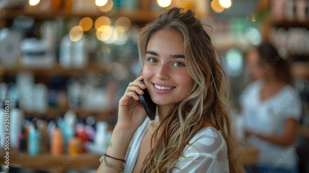 A smiling young woman with blonde hair uses a smartphone near shelves of products in a store setting, conveying a cheerful mood. A smiling young woman with blonde hair uses a smartphone near shelves of products in a store setting, conveying a cheerful mood.