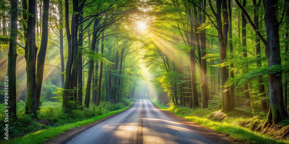 Fototapeta premium Morning tranquility on a peaceful forest road , serene, nature, trees, calm, sunlight, pathway, greenery, tranquil, scenic