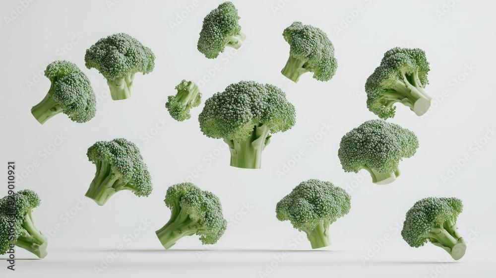 Dynamic shot of fresh green broccoli florets levitating against a pure white background, ideal for promoting nutrition and wellness Dynamic shot of fresh green broccoli florets levitating against a pure white background, ideal for promoting nutrition and wellness