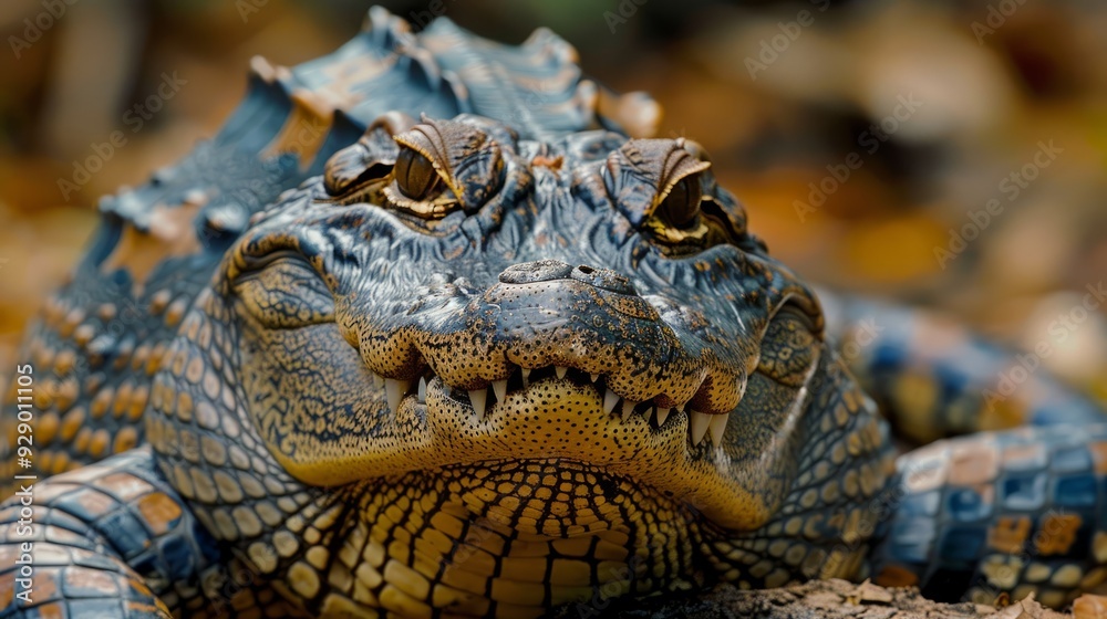 Fototapeta premium Close-up of a vibrant caiman resting on the forest floor in the afternoon light