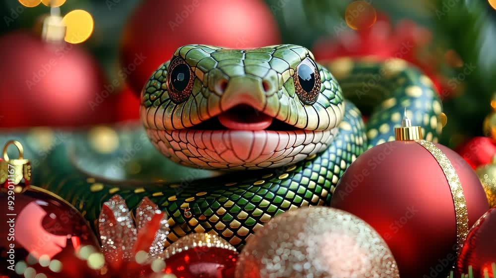 Green snake opening mouth surrounded by christmas decorations Green snake opening mouth surrounded by christmas decorations