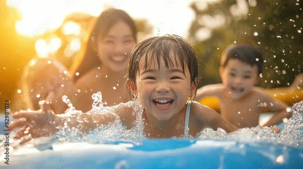 A joyful girl plays in water, splashing with friends, under the warm sun A joyful girl plays in water, splashing with friends, under the warm sun