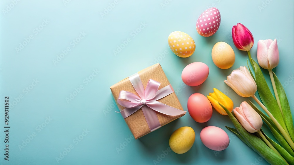 Minimalist Easter composition featuring decorated eggs, gift box, and tulip on a colorful background with copyspace for text, viewed from above. Minimalist Easter composition featuring decorated eggs, gift box, and tulip on a colorful background with copyspace for text, viewed from above.