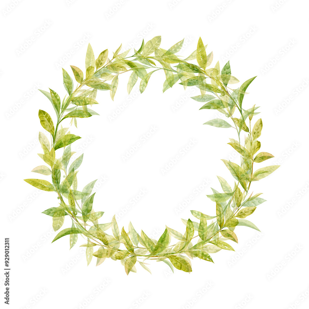 Watercolor round frame of tea leaves. Cute green wreath. Hand drawn illustration on white background Watercolor round frame of tea leaves. Cute green wreath. Hand drawn illustration on white background