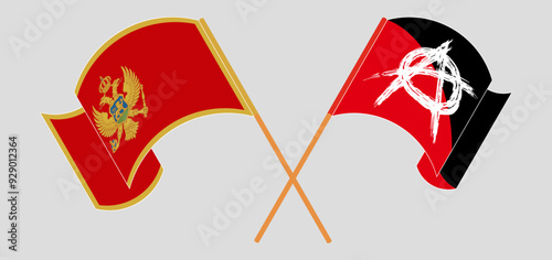 Crossed and waving flags of Montenegro and Anarchy