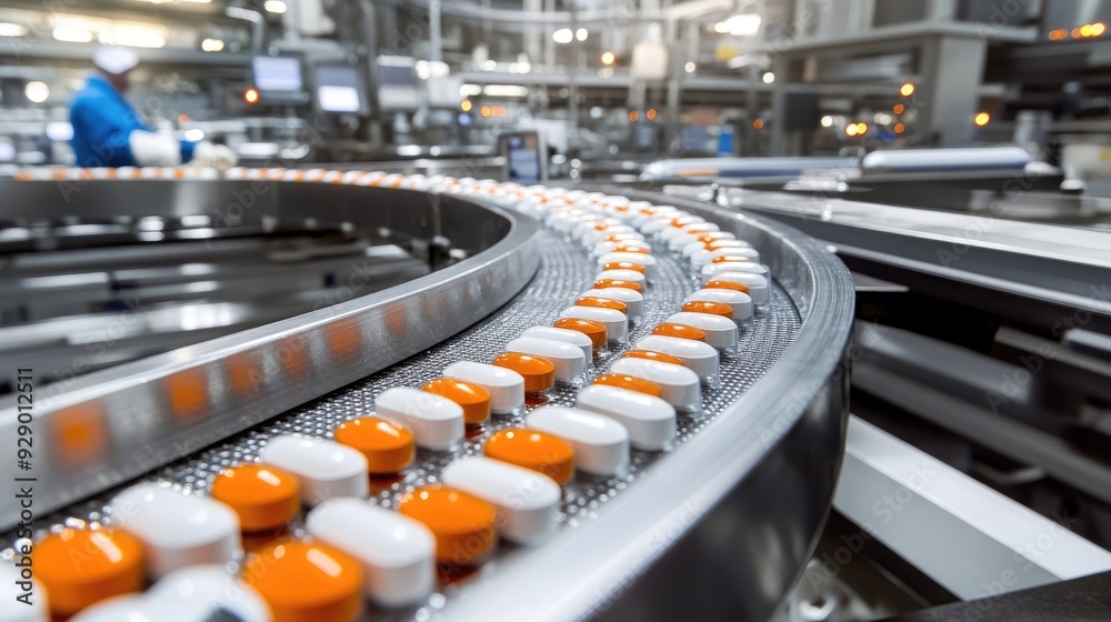 Fototapeta premium Packaged medications moving along conveyor belts in a drug manufacturing plant, showcasing the streamlined production process.