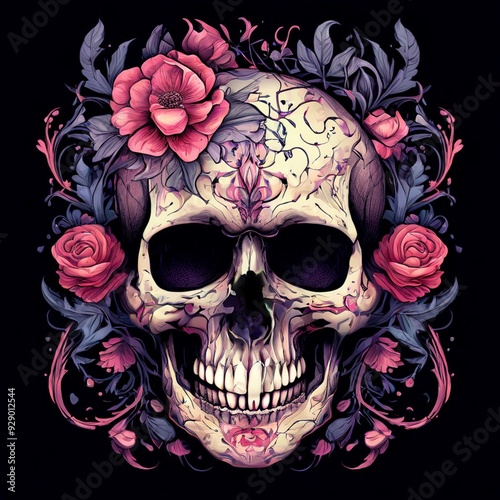 Ornate Skull with Floral Accents