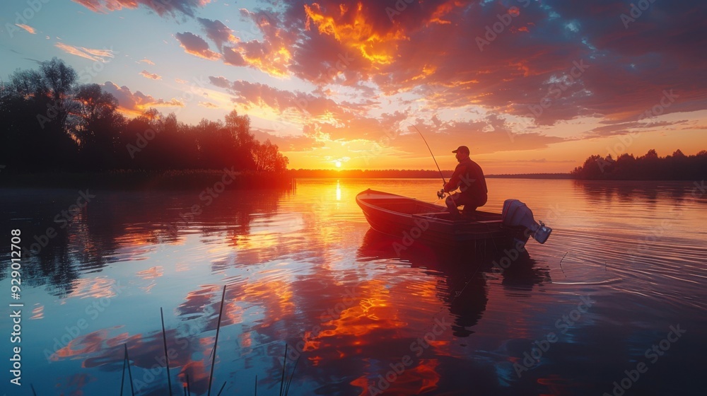 silhouette of a fisherman in a boat with a fishing rod on a quiet lake. silhouette of a fisherman in a boat with a fishing rod on a quiet lake.