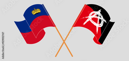 Crossed and waving flags of Liechtenstein and Anarchy
