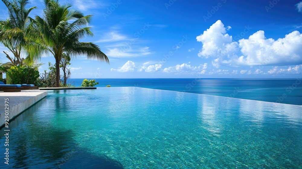 Naklejka premium Scenic view of an infinity pool at a luxury beach resort, where the water appears to flow directly into the ocean beyond.