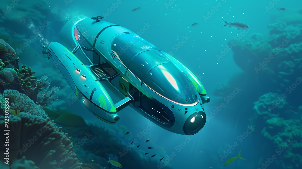 Fototapeta premium A futuristic blue submarine glides through a coral reef, surrounded by fish, in an underwater scene.