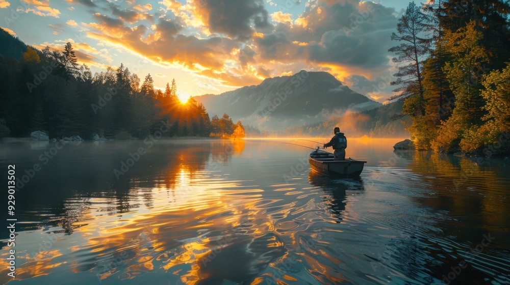 silhouette of a fisherman in a boat with a fishing rod on a quiet lake. silhouette of a fisherman in a boat with a fishing rod on a quiet lake.