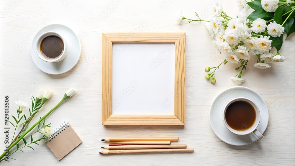 Minimalist wooden frame on a crisp white background, surrounded by neatly arranged stationery, flowers, and coffee, evoking a sense of calm organization and creativity. Minimalist wooden frame on a crisp white background, surrounded by neatly arranged stationery, flowers, and coffee, evoking a sense of calm organization and creativity.