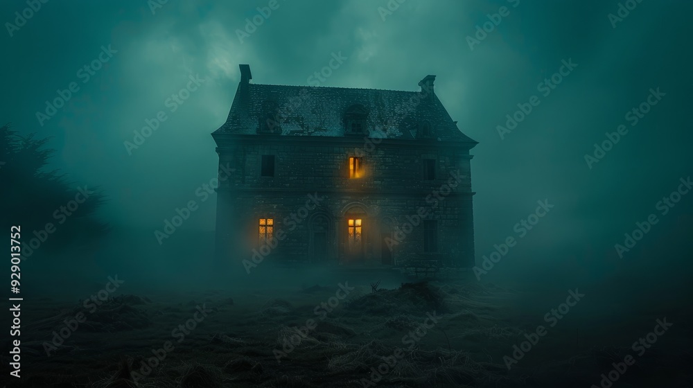 Eerie abandoned house illuminated by glowing windows in dense fog at night Eerie abandoned house illuminated by glowing windows in dense fog at night