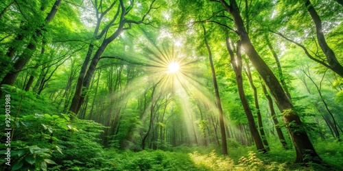 Sunlight streaming through the dense green foliage of a forest, Nature, Trees, Sunshine, Woods, Lush, Greenery