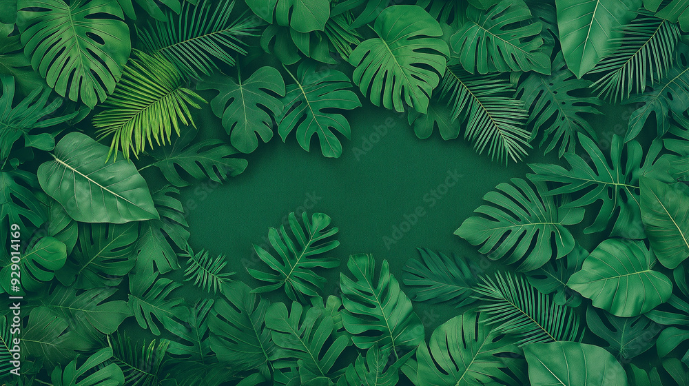 A green background with many leaves and a large green leaf in the center A green background with many leaves and a large green leaf in the center