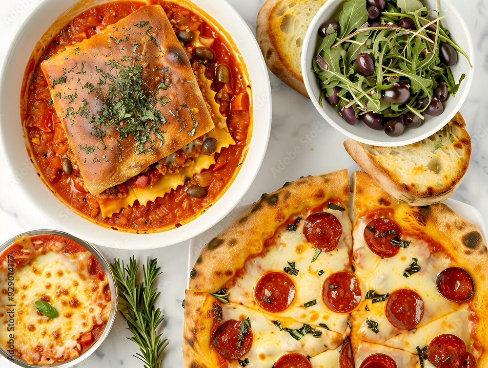 A close-up shot of a pizza with pepperoni and a bowl of lasagna in a white ceramic bowl, topped with a single basil leaf, A close-up shot of a pizza with pepperoni and a bowl of lasagna in a white ceramic bowl, topped with a single basil leaf,