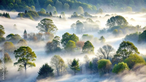 Misty fog swirls around towering trees, shrouding the serene landscape in an ethereal veil of white, with dewy droplets clinging to twigs and leaves.