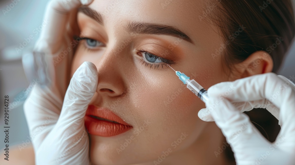 Woman receiving cosmetic treatment with syringe in a clinical setting during daylight Woman receiving cosmetic treatment with syringe in a clinical setting during daylight