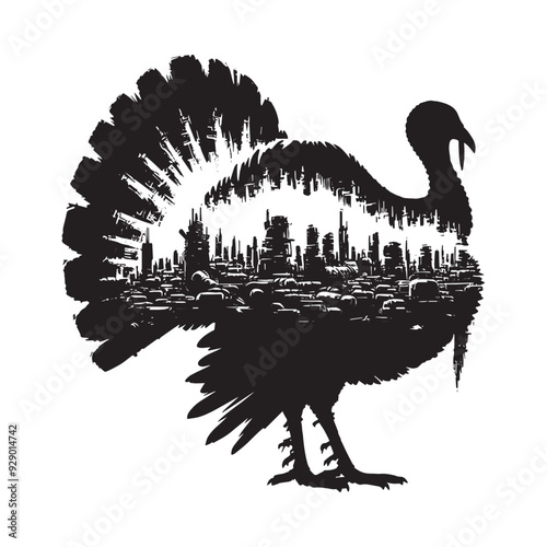 silhouette of turkey bird filled with destroyed futuristic dystopia environment in rough drawing