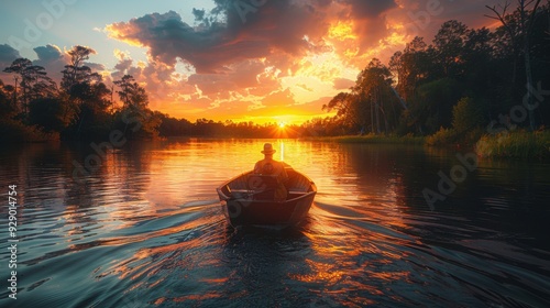 silhouette of a fisherman in a boat with a fishing rod on a quiet lake.