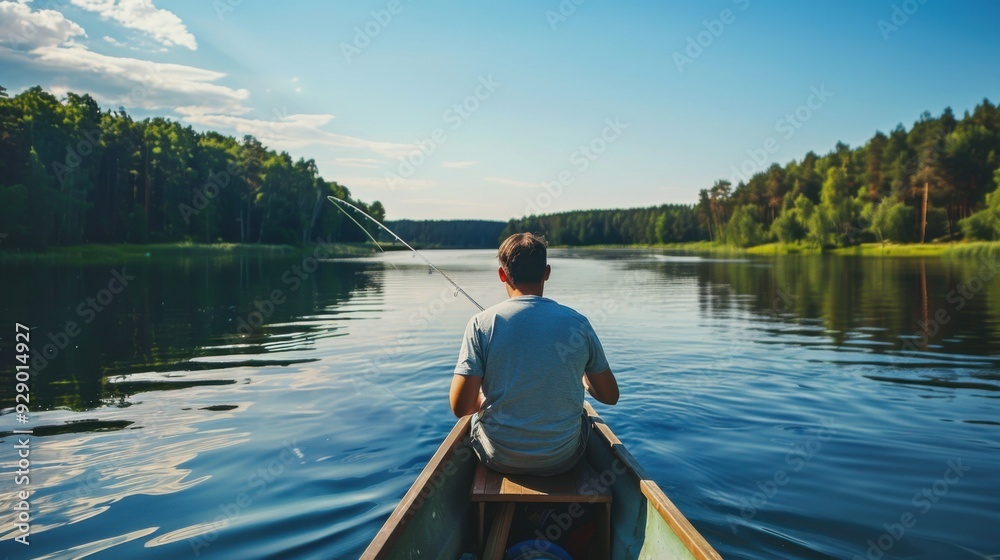 silhouette of a fisherman in a boat with a fishing rod on a quiet lake.