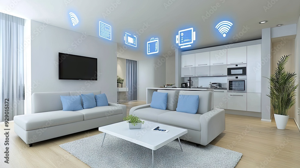 Smart kitchen design in an urban apartment with connected devices illustrating sustainable living technology Smart kitchen design in an urban apartment with connected devices illustrating sustainable living technology