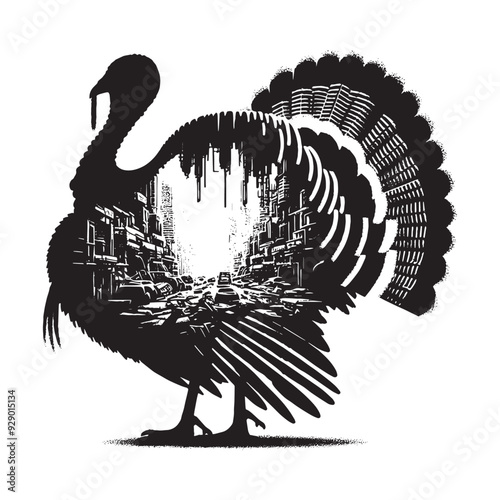 silhouette of turkey bird filled with destroyed futuristic dystopia environment in rough drawing