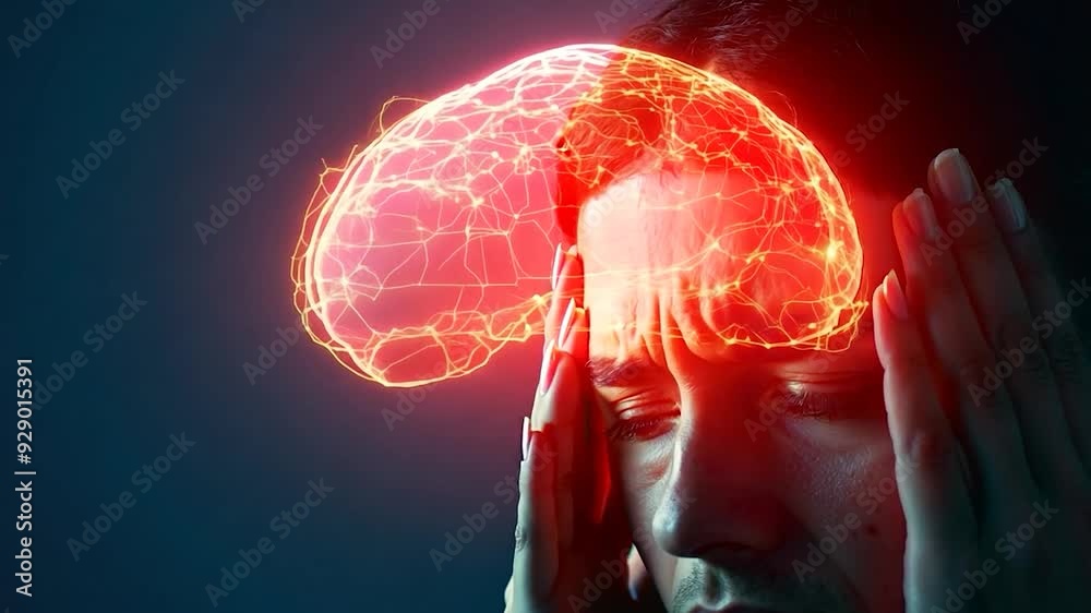 Woman holding her head with hands, suffering from headache, migraine or stress, with visual representation of brain activity