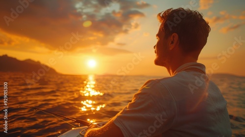 silhouette of a fisherman in a boat with a fishing rod on a quiet lake.