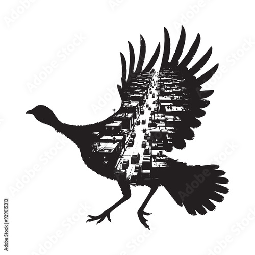 silhouette of turkey bird filled with ghetto street in rough drawing