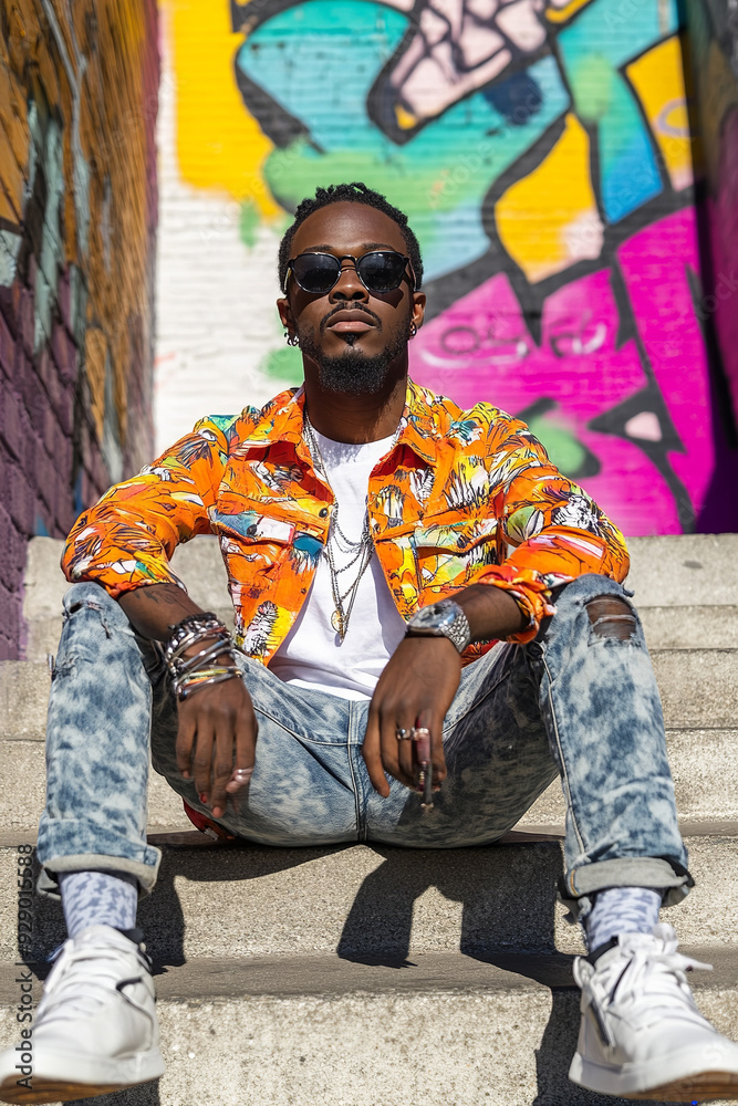 Obraz premium A Black man exudes cool confidence in fashion-forward street style, seated on urban steps