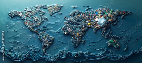 Fototapeta Naklejka Na Ścianę i Meble -  A creative representation of a world map formed from plastic debris, highlighting environmental issues and pollution awareness.