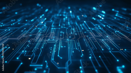 A blue and black image of a circuit board with many small squares and dots